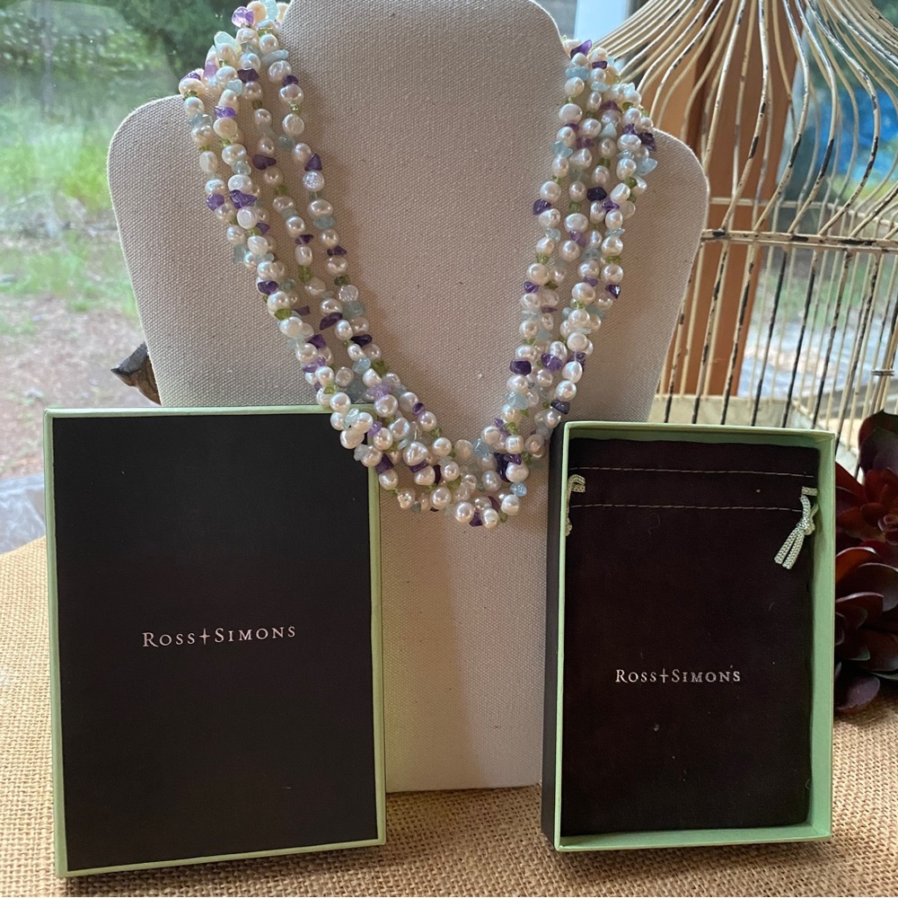 Ross Simons Sterling 925 Freshwater Pearl Multi Gemstone Beaded Chip Necklace